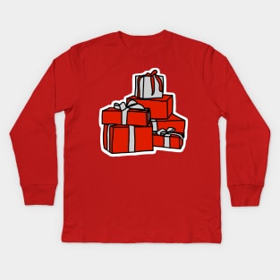 A Pile of Wrapped Gift Boxes in Red and Silver for Christmas Kids Long Sleeve T-Shirt